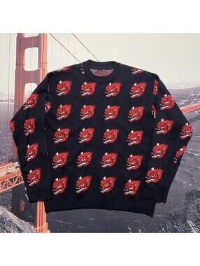 H&M Divided Black Red Wolf Head Pullover Jacquard Knit Mens Sweater Size Medium